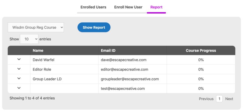 WisdmLabs Group Registration report screen