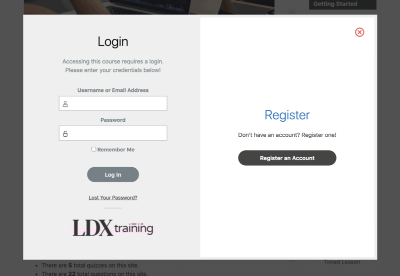 Example of LearnDash login/registration modal