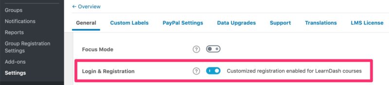 LearnDash login & registration setting enabled