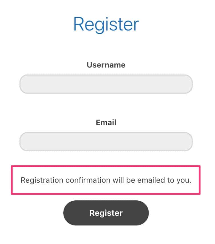 Register panel email confirmation text